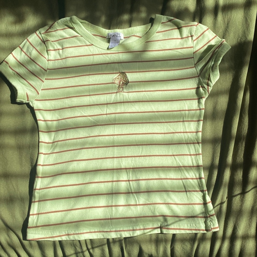Green and brown striped mushroom embroidered form fitting shirt